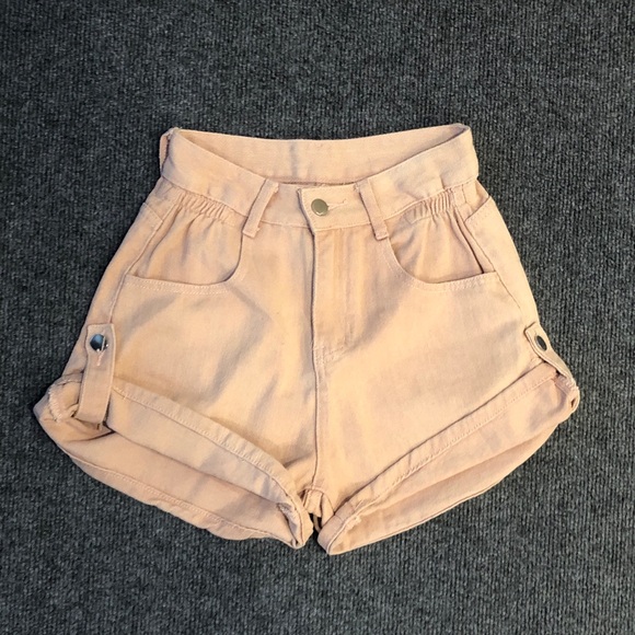 Pants - High-Rise Blush Pink Women's Shorts with Rolled Hem